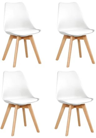 SHIITO - 4 Sillas de Comedor de Estilo Nórdico - 47 x 42 x 84 cm - Modelo Karlson - Pack de Diseño Sencillo y Elegante - con Patas de Haya - Color Blanco