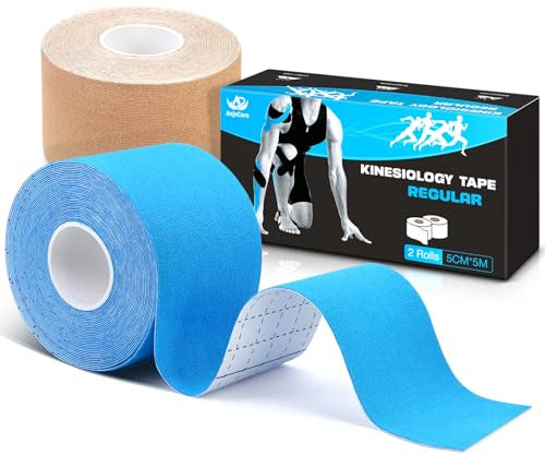 AnjoCare Kinesiologie Tape(Uncut), elastische therapeutische Sportbänder für Muskeln und Gelenke, Physio Tape für Schulter, Knöchel, Ellenbogen und Knie Support(2 Rollen 5M x 5CM)Blau+Beige