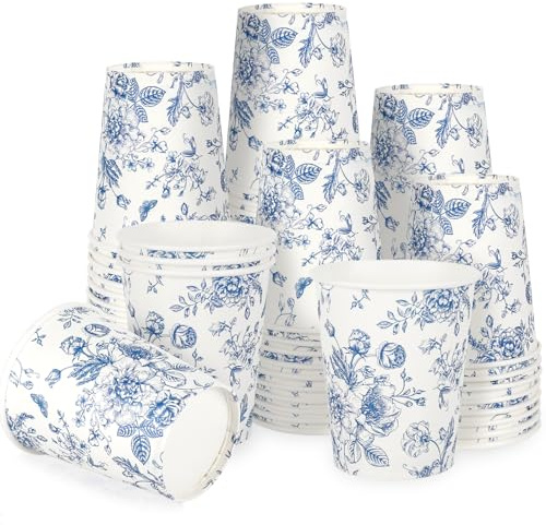 JarThenaAMCS 50 bicchieri di carta floreali da 255 ml, con fiori bianchi e blu, bicchieri usa e getta, vintage, per feste e bevande calde e fredde