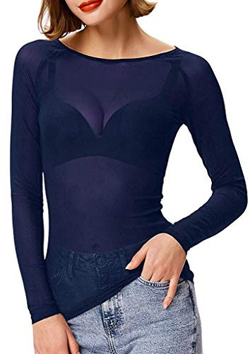 VDDTAGAM Sheer Lace Long Sleeve Top - Mesh, Black & White Lace Corset Tops for Women (Navy, L)