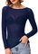 VDDTAGAM Sheer Lace Long Sleeve Top - Mesh, Black & White Lace Corset Tops for Women (Navy, L)