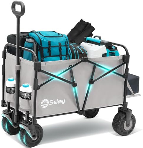 Sekey 332L Folding Festival Trolley with Expandable Tailgate, Patented Design Beach Cart - Diamond Collapsible, Wide All-Terrain Wheels, Brake, 350LB Load Capacity Heavy Duty Wagon for Camping, Grey