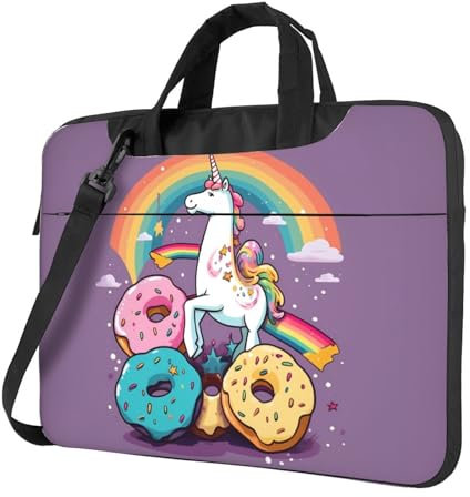 Laptoptasche, Einhörner, Donut, Regenbogen-Druck, tragbare Schultertasche, Schultertasche, schlanke, langlebige Laptop-Aktentasche, Schwarz, 13 inch