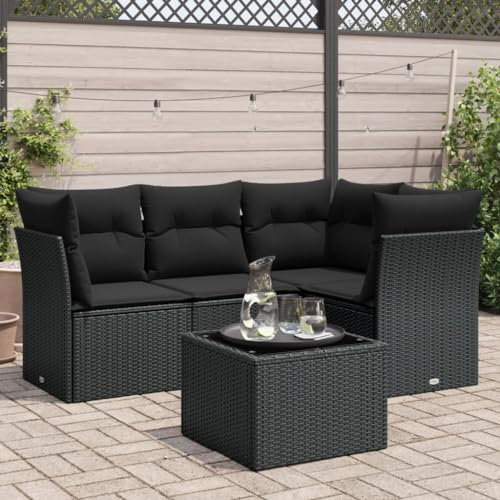 QJBSAVVA 5-TLG. Garten-Sofagarnitur, Gartenstuhl Loungemöbel Terrasse Eckbankgruppe Balkonmöbel Set Geeignet für Balkon Garten Wenig Platz Außen mit Kissen Schwarz Poly Rattan