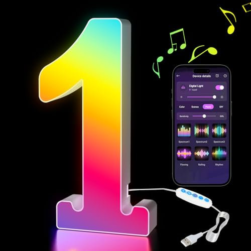 Kangtaixin LED Number Lights RGB Color Changing, Light Up Marquee 0-9 Digits Lights Sign with USB Power Supply, APP Control, Dimmable, Decoration for Birthday Party Gifts Christmas Wedding - Digit 1