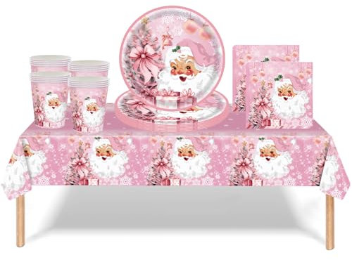 73 piezas de decoración de vajilla de Navidad de Papá Noel, mantel de plástico con lazo de Navidad rosa, vasos de papel, servilletas, platos, vajilla de Papá Noel, vajilla para suministros de fiesta