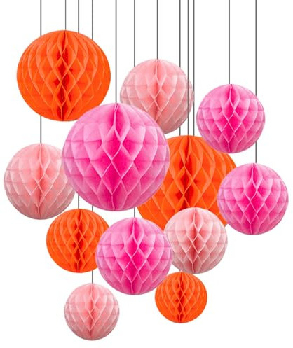 ZYOOO 12pcs Seidenpapier Wabenkugeln, 15/25cm Aufhängen papier Wabenbälle für Geburtstag, Hochzeit, Verlobung, Feiertage, Herbst Dekorationen (Rosa,Orange)