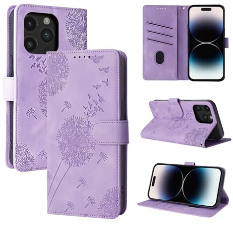 Rostsant Handyhülle für iPhone 14 Pro 6.1 Zoll Löwenzahn Violett | PU Leder Flip Case Brieftasche Tasche Hülle Magnetisch Handyhülle für iphone 14 Pro 6.1 Zoll