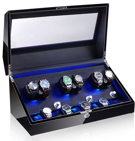 Blissbuilt Automatic Watch Winder Box 6+10 Watch Storage Box Piano Paint Finish Built-in Illumination,5 Rotating Modes,with Super Quiet Motor For Man Women