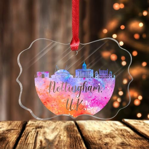 United Kingdom Nottingham Skyline, Weihnachtsdekoration, Stadt, Wolkenkratzer, Gebäude, Silhouetten, Schmetterling, Weihnachtsbaum, Ornament, Andenken, Acryl, Weihnachtskugel für Heimdekoration,