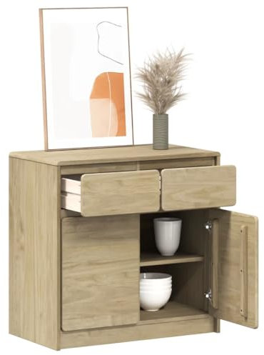 Kommode Modern Stil aus Holz, Anrichte mit 2 Schubladen & 2 Türen, Schmaler Flurtisch Sideboard Schubladenschrank für Wohnzimmer, Flur, Eiche-Optik 80x43x75,5 cm