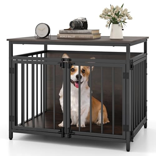 GYMAX Dog Crate Furniture, Heavy Duty Dog Crate with 3 Doors and Adjustable Foot Pads, Industrial Style Indoor Dog Kennel Side Table for Small and Medium Sized Dog, 80 x 60 x 64 cm