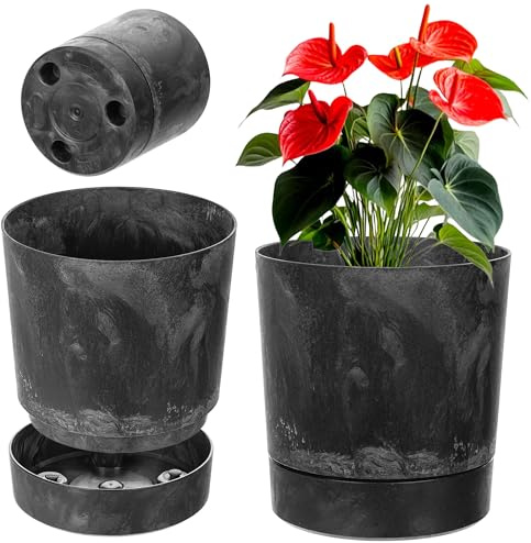 KADAX Blumentopf mit Untersetzer, Durchmesser 27.5cm, Übertopf aus Kunststoff für Innen, Pflanztopf mit Matter Oberfläche für Zimmerpflanzen (Beton Schwarz)