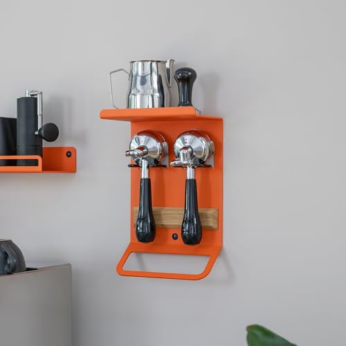 FLATE® Barista Rack Mini: Compact Wall Shelf for Barista Accessories with Portafilter Holder (Orange)