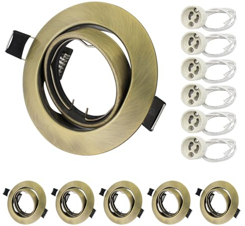 Allesgute 6X Recessed GU10 Light Fittings for Ceiling Round Antique Brass Metal Frame for Spot Lights 360° Tilt Swivel Downlights with GU10 Holder, Outer Diameter: 90mm, Cutout Ø68-85mm, No Bulbs