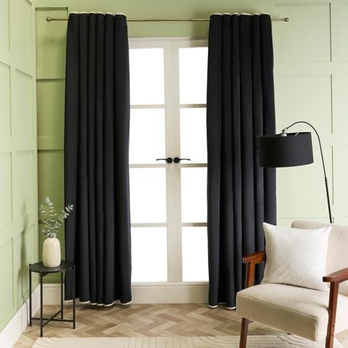 OHS Blackout Velvet Curtains for Bedroom, Thermal Insulated Curtains Piped Edge Eyelet Blackout Curtain for Living Room Window Treatment 2 Panels 90 x 90, Black/White