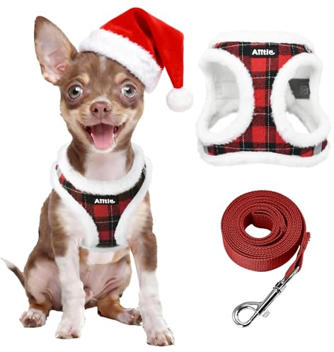 AIITLE Weihnachten Plüschiges, reflektierendes Hundegeschirr- und Leinen-Set – Karomuster, warm, weich, sicher mit Klettverschluss, verstellbar mit gepolsterter Innenseite für kleine Hunde (Rot, XXS)
