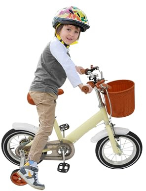 Jerool Kinderfahrrad 12 Zoll, kinderfahrrad ab 3 Jahre,Fahrrad für Kinder mit Korb & Stützrädern, Höhenverstellbarer Sitz und Lenker (Gelb)