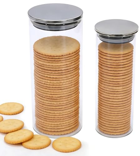 Punorric Cream Cracker Storage Container Set of 2, Biscuit Jar & Biscuit Tin with Airtight Lid, Cookie Jar Round Canisters, Air Tight Food Storage Container for Biscuits Snacks Dry Goods