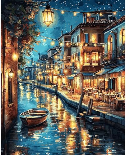 QENSPE Peinture par Numéros Adulte Paysage Nocturne DIY Peinture Numero Adulte Débutants 40x50cm Ville Numéro d'Art Kit Paint by Numbers for Adults Décoration Murale et Cadeaux Pour La Maison