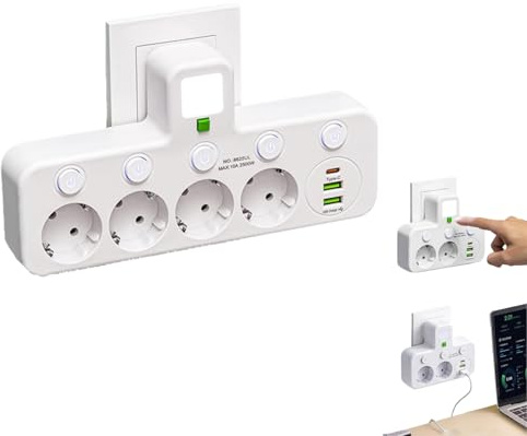 Kabellose Steckdosenleiste, mit Nachtlicht multifunktionale Adaptersteckdosenleiste, einzelne Schaltersteuerung, 2/3/4/5 Steckplätze + 1 Type-C + 2 USB-Port (Weiß,4 Dosen)