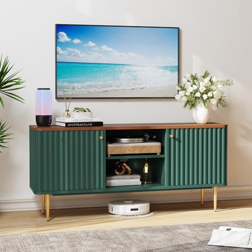 ZXLIHS Meuble TV 55 Pouces, Console TV en Bois cannelé avec Rangement 2 Portes, armoires Vertes pour téléviseur 55/60/65 Pouces, Tables TV pour Salon, Chambre à Coucher