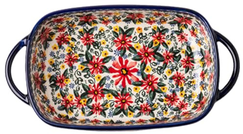NASSMOSSE Plato para Hornear Rectangular de cerámica de 730 ml, Bandeja para cazuela Segura para Horno con Estampado de Margaritas y Doble asa