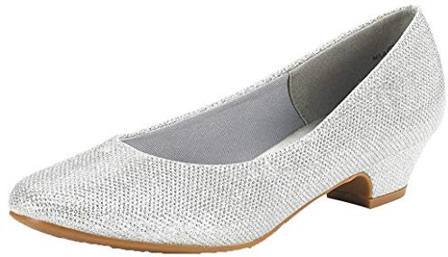 DREAM PAIRS Womens Mid Block Heels Ladies Low Court Shoes Wedding Shoes Round Toe Pumps,Size 7,Silver/Glitter,Mila