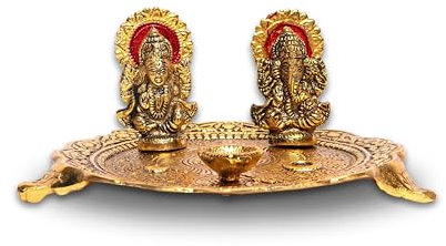 Wonder Care Aluminium Goldfarben plattiert Laxmi Ganesha Idol mit Platte Platte für Puja Diwali Geschenkartikel Deepawali Dekorationen Indische Dhanteras Pooja Statue Thali