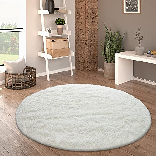 Paco Home Hochflor Teppich Wohnzimmer rutschfest Fellteppich Shaggy Flauschig Weich Modern Kunstfell Fell Imitat Einfarbig, Grösse:160 cm Rund, Farbe:Weiß