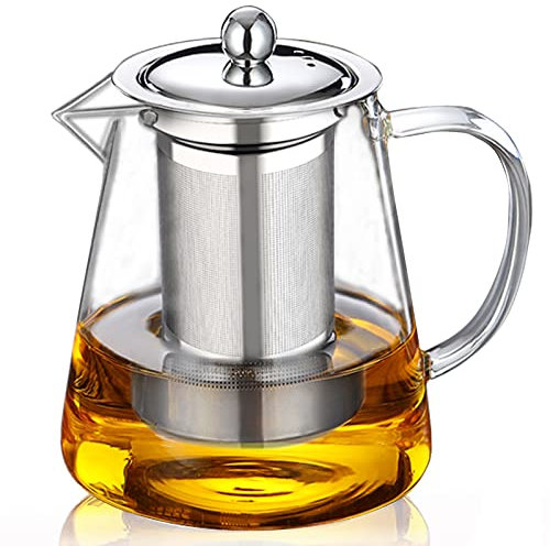 Teekanne Glas 25oz/750ml, BOWD mit hitzebeständigem Edelstahl, perfekt für Tee und Kaffee, mikrowellengeeignet und für Herdplatten, Teesieb mit Kapazität