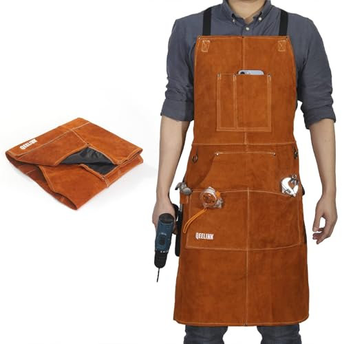 QeeLink delantal de soldador de cuero y guantes de soldadura, delantal de cuero con 6 bolsillos para herramientas, mandil de carpintero resistente para hombres y mujeres, 61cm x 91cm con soporte