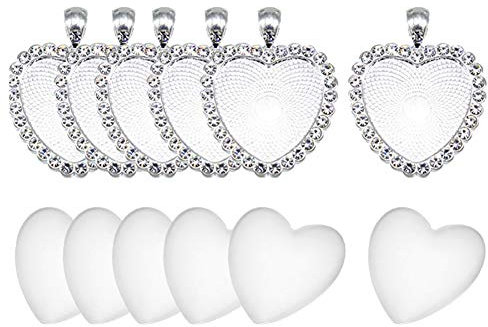 HugeDE 12 Pcs 25mm Heart Rhinestone Pendant Bezel Trays and Clear Glass Cabochon Domes Setting for Photo Pendant Resin Craft Jewelry Making Silver