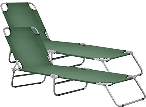 casa.pro Sonnenliege Carcao 2er Set Relaxliege klappbar Strandliege bis 110 kg Dunkelgrün 186 x 55 x 24 cm Gartenliege mit Rückenlehne verstellbar Stahlgestell