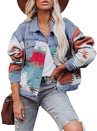 Lumister - Chaqueta de tela vaquera holgada cpn diseño azteca para mujer
