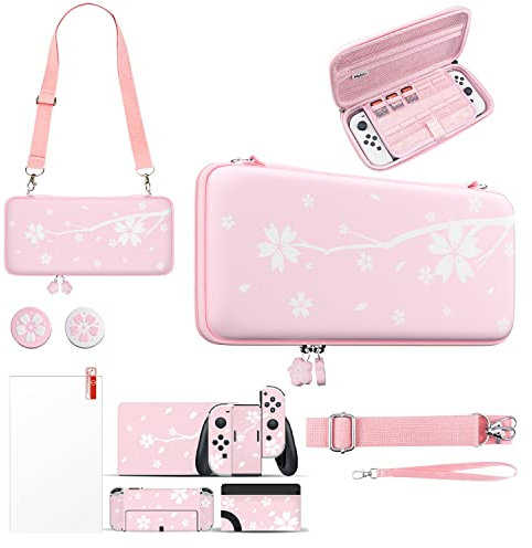 Mytrix Süße Sakura Tragetasche für Switch OLED, Tragbare Hartschalentasche für Switch-Konsolenzubehör, Reise-Aufbewahrungstasche für Switch, Schutzhülle mit 10 Spielkartenfächern, Rosa Kirschblüten