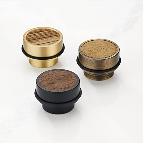 Solid Brushed Brass Floor Mounted Door Stops with Oak, Maple, Zebrano or Walnut Wood Insert (Oak, Gold)