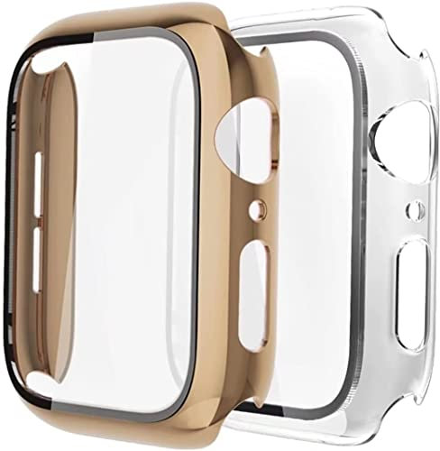 Fengyiyuda 2-Pezzi Cover Rigida Compatibile con Custodia Apple Watch 41mm con Anti-Bubble Vetro Temperato Pellicola Protettiva,360 Protezione Case per IWatch Series 9/8/7,Light Gold/Clear,41mm