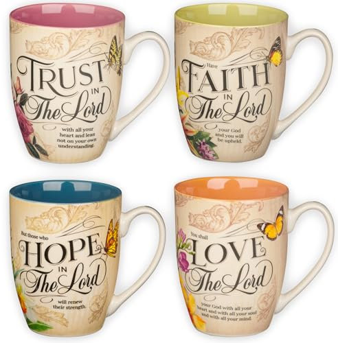 Christian Art Gifts Novelty Floral Ceramic Scripture Coffee & Tea Mug Set: Hope, Trust, Faith, Love - 4 Fancy Medium 12 oz. Cups w/Butterflies & Bible Verses, Multicolor Blue/Pink/Green/Orange Floral