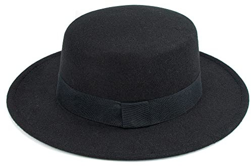Klassischer Fedora-Hut mit flachem Kopf, Pork Pie Hut, Filz, Bootsfahrer, Kirche, Derby-Mütze für Herren/Damen, Schwarz, Einheitsgröße