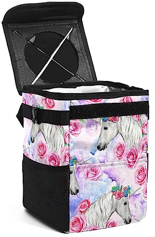 KQNZT Poubelle de voiture, poubelle/sac étanche avec couvercle, poubelle anti-fuite, poubelle de voiture suspendue,Licorne Rose Aquarelle