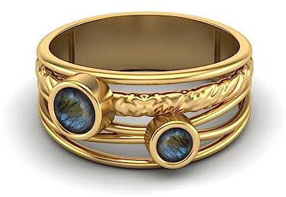 0,35 Ctw-Runde Labradorit Ring mit geteiltem Schaft Gehämmert Handgefertigt Geteiltes Band 925er Sterling Silber Doppelsteinring Gold Vermeil, 55