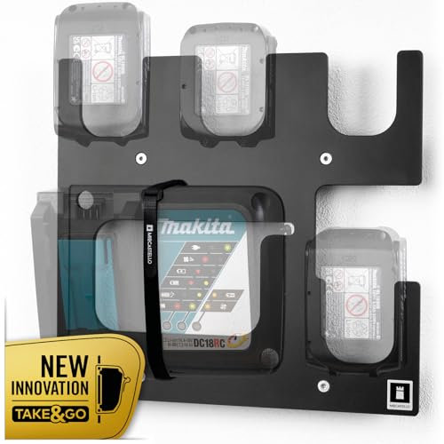 MIOCASTELLO® TAKE&GO Wandhalterung für Makita Akkus und Ladegerät – mit cleverer Ladegerät-Befestigung für festen Halt sowie einzigartige Flexibiltät und Mobilität beim Laden (Farbe: Schwarz)