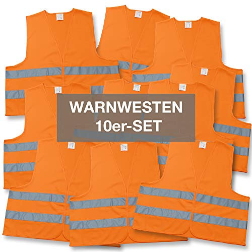 4business 10 x Kfz Warnweste orange EN ISO 20471 Klasse 2 für Erwachsene Unisize TÜV-geprüft waschbar