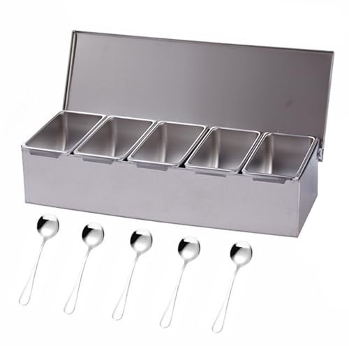 Kensbro Zutatenbehälter, Gastronomie Zubehör, 5 Gitter Gewürzbox Beilagenbehälter Zutatenbehälter, Barbehälter, Pizza Zutatenbehälter, Outdoor Küche Zubehör Edelstahl Behälter mit Deckel