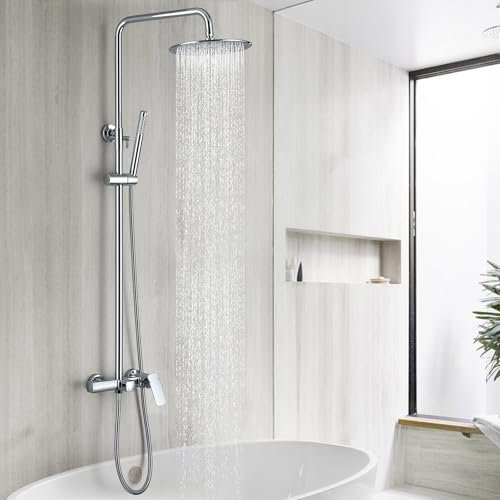 RBROHANT Exposed Shower System with Tub Spout, Polished Chrome, Exposed Pipe, Shower Faucet with 3 Functions, Brass Shower Valve, Shower Height Adjustable, Wall Mounted