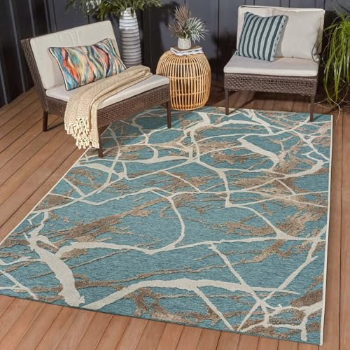 In & Outdoor Teppich Wetterfest Wohnzimmer Balkon Küchenteppich Terrassenteppich Flachgewebe mit Muster Marmor Optik blau 080x150 cm