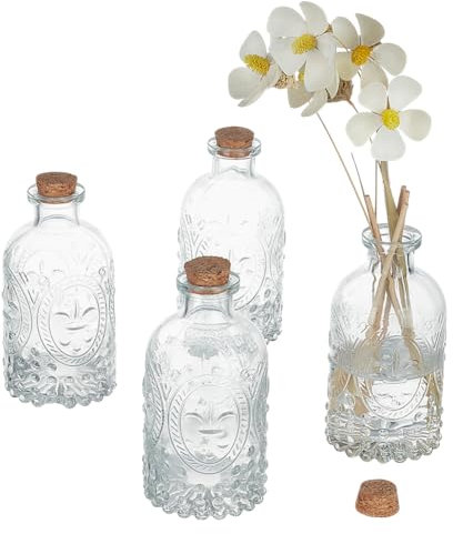 PH PandaHall 4 botellas de vidrio de 200 ml con tapas de corcho, botellas vintage en relieve, botellas difusoras transparentes en miniatura, jarrones para especias, tarros de hechizos para flores,