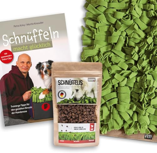 KNAUDER'S Best - Schnüffelteppich für Hunde in 60cm x 60cm + Buch Schnüffeln Macht glücklich + Hundeleckerli Schnüffelis - 1x 100g Rind Snacks - Hundezubehör Made in Germany