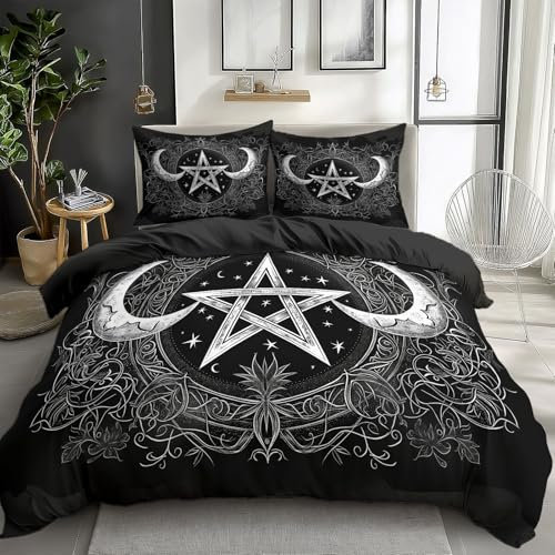 Quixora Dark Fantasy Mond Pentagramm Bettwäsche Set Schwarz Bettbezug mit Reißverschluss Pflegeleicht Atmungsaktiv Mikrofaser 200 x 200 cm 2 Kissenbezug 80x80cm